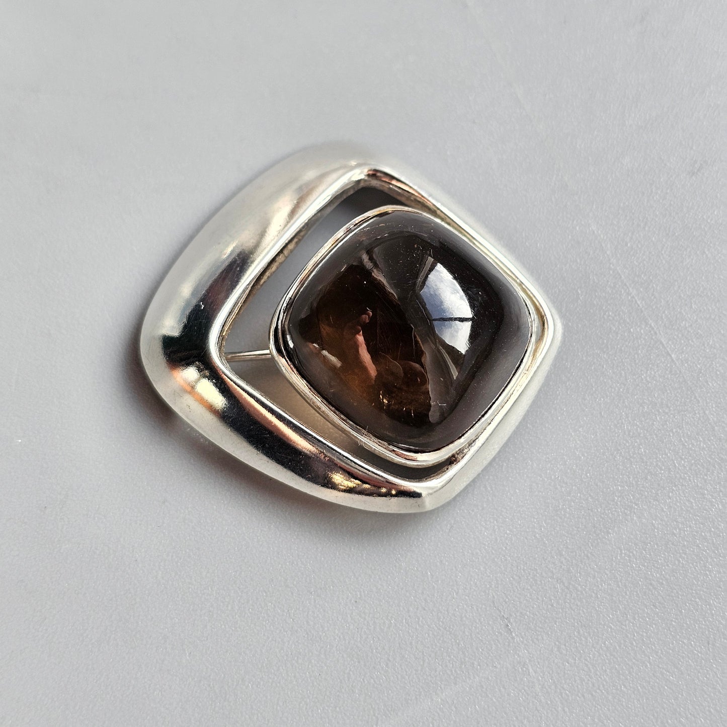 1960s Scandinavian Modernist Silver & Smoky Quartz Stone Brooch — Erik Granit Finland 1963