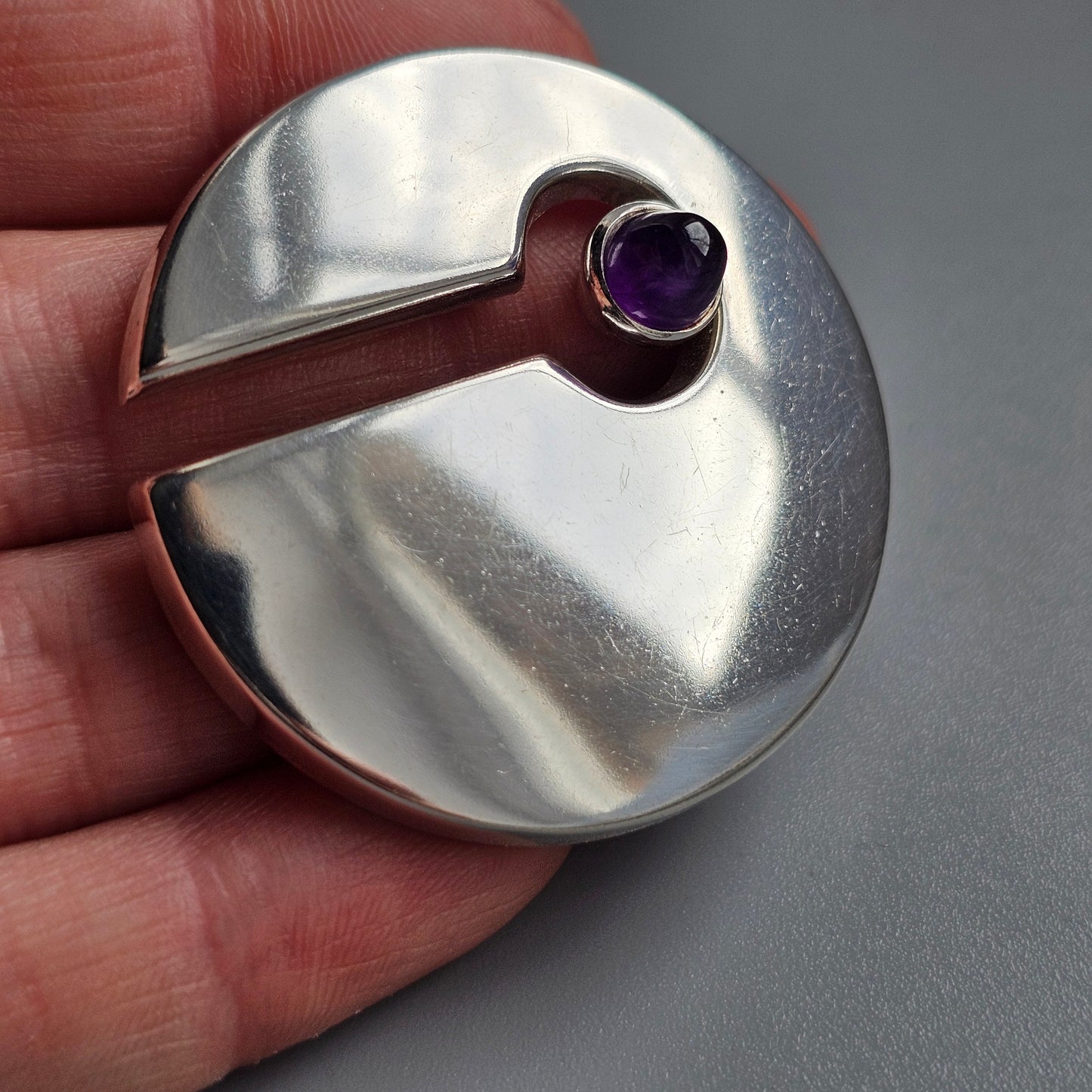 Vintage Modernist Finnish Silver & Amethyst Brooch by Holger Lindström 1964