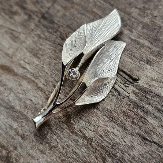 Valo-Koru Finnish Modernist Sterling Silver & Rock Crystal Leaf Brooch — 1988