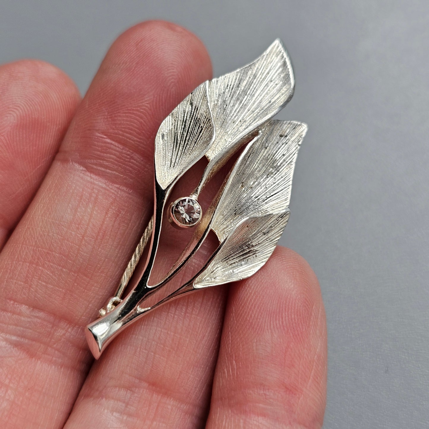 Valo-Koru Finnish Modernist Sterling Silver & Rock Crystal Leaf Brooch — 1988