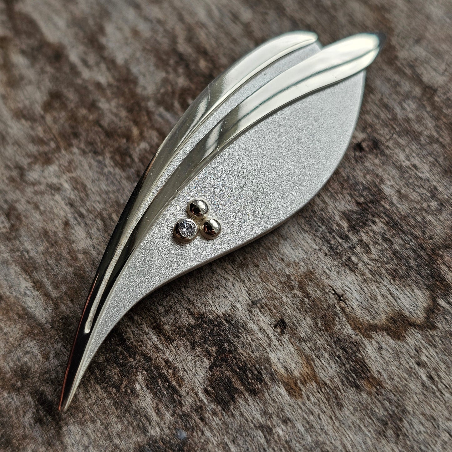 Contemporary Finnish Sterling Silver Leaf Brooch with Cubic Zirconia 2001