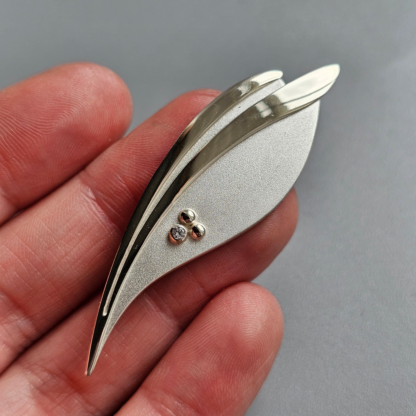 Contemporary Finnish Sterling Silver Leaf Brooch with Cubic Zirconia 2001