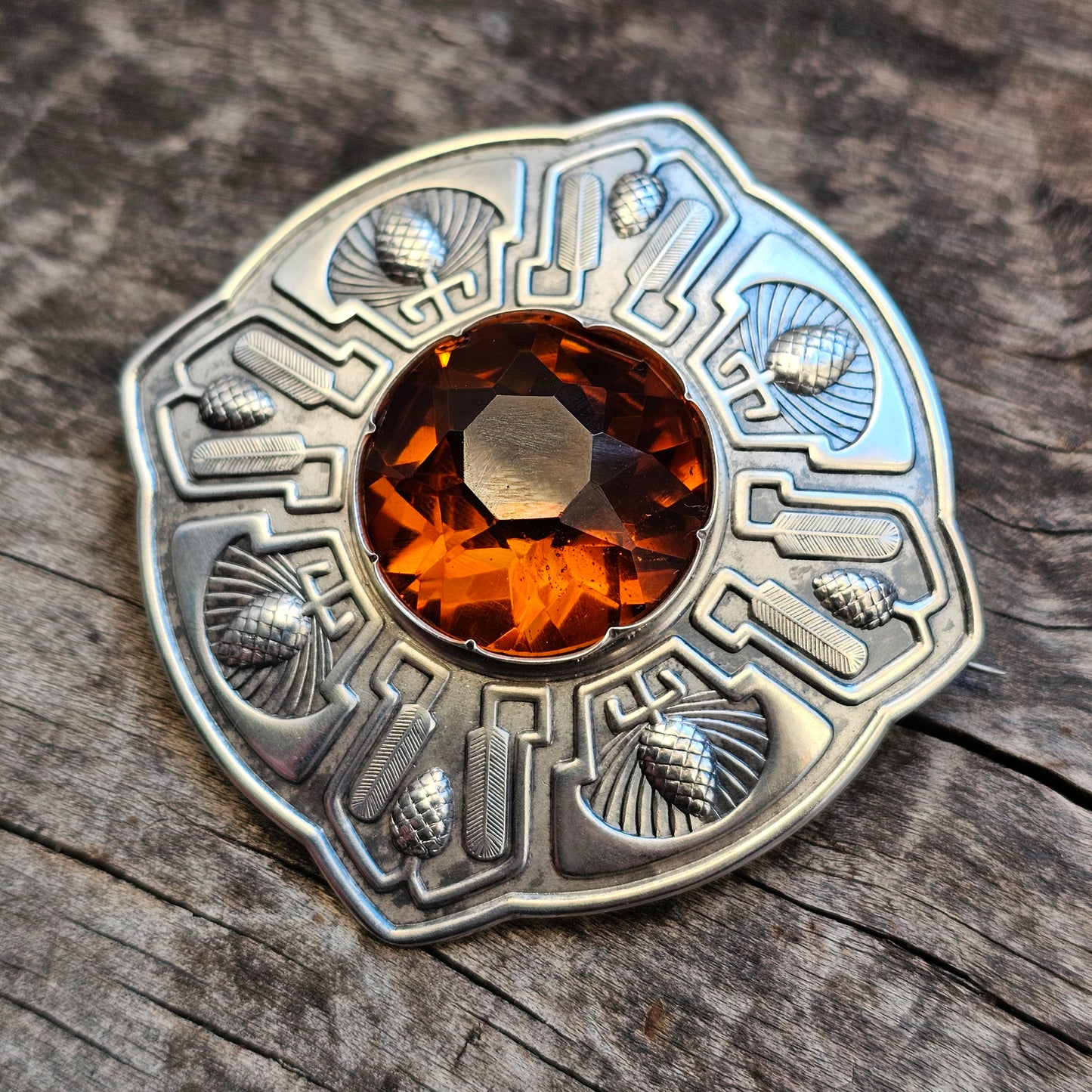 Vintage Art Deco Style Finnish Silver & Orange Glass Paste Brooch