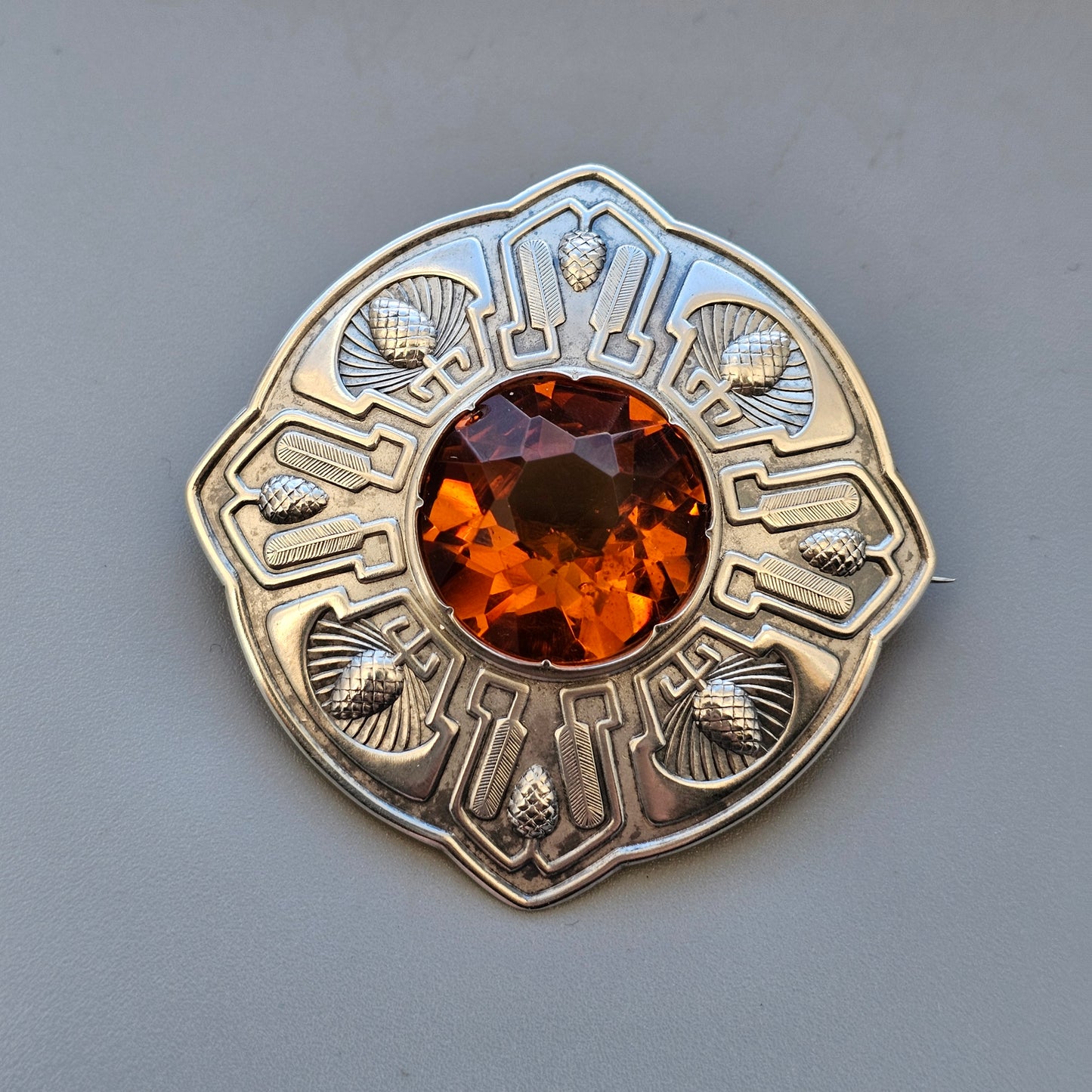 Vintage Art Deco Style Finnish Silver & Orange Glass Paste Brooch