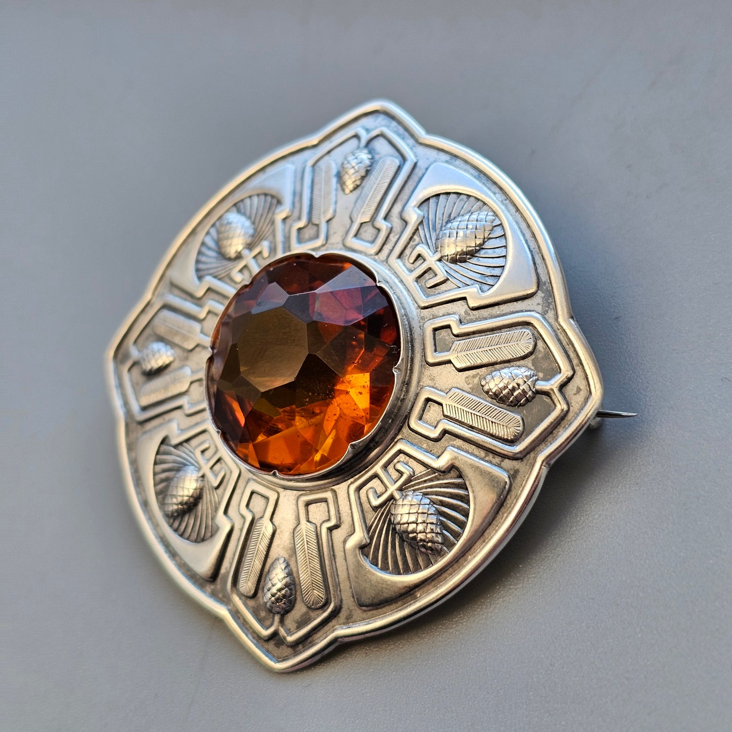 Vintage Art Deco Style Finnish Silver & Orange Glass Paste Brooch