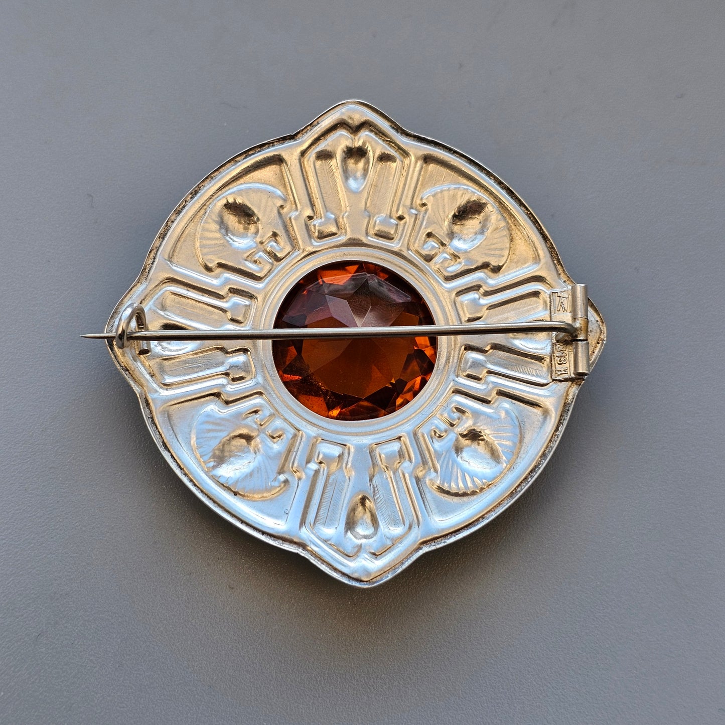 Vintage Art Deco Style Finnish Silver & Orange Glass Paste Brooch