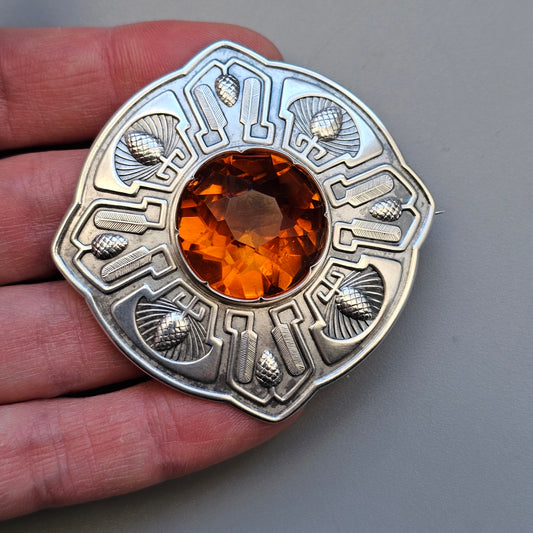 Vintage Art Deco Style Finnish Silver & Orange Glass Paste Brooch