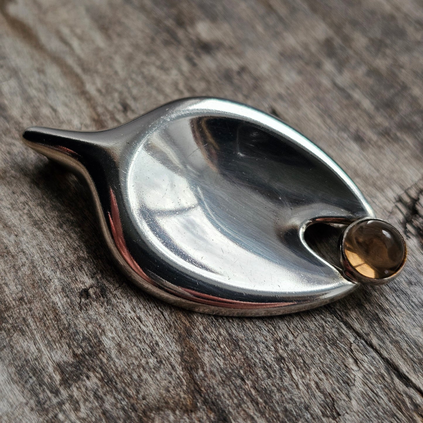 Finnish 1960s Modernist Silver & Smoky Quartz Brooch by Kupittaan Kulta Elis Kauppi 1960