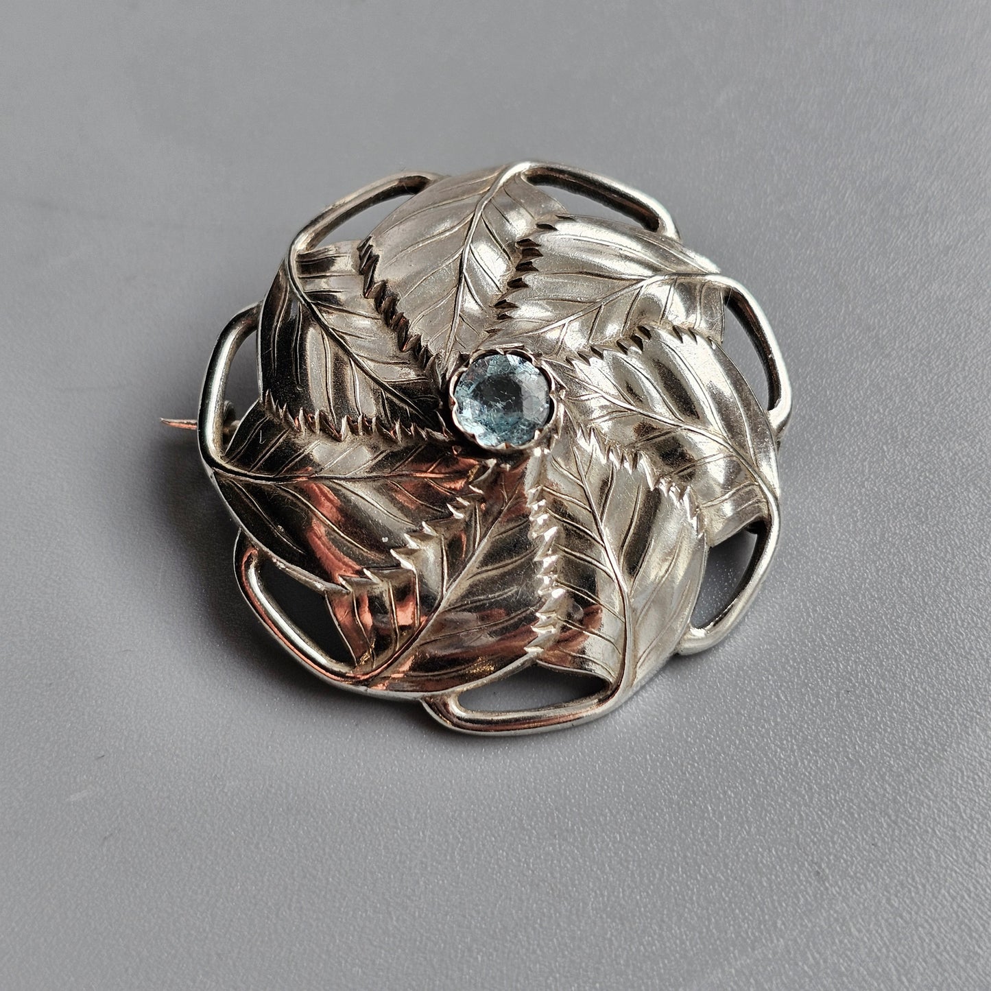 1940s Finnish Art Deco Silver & Blue Glass Paste Birch Leaf Brooch 1943