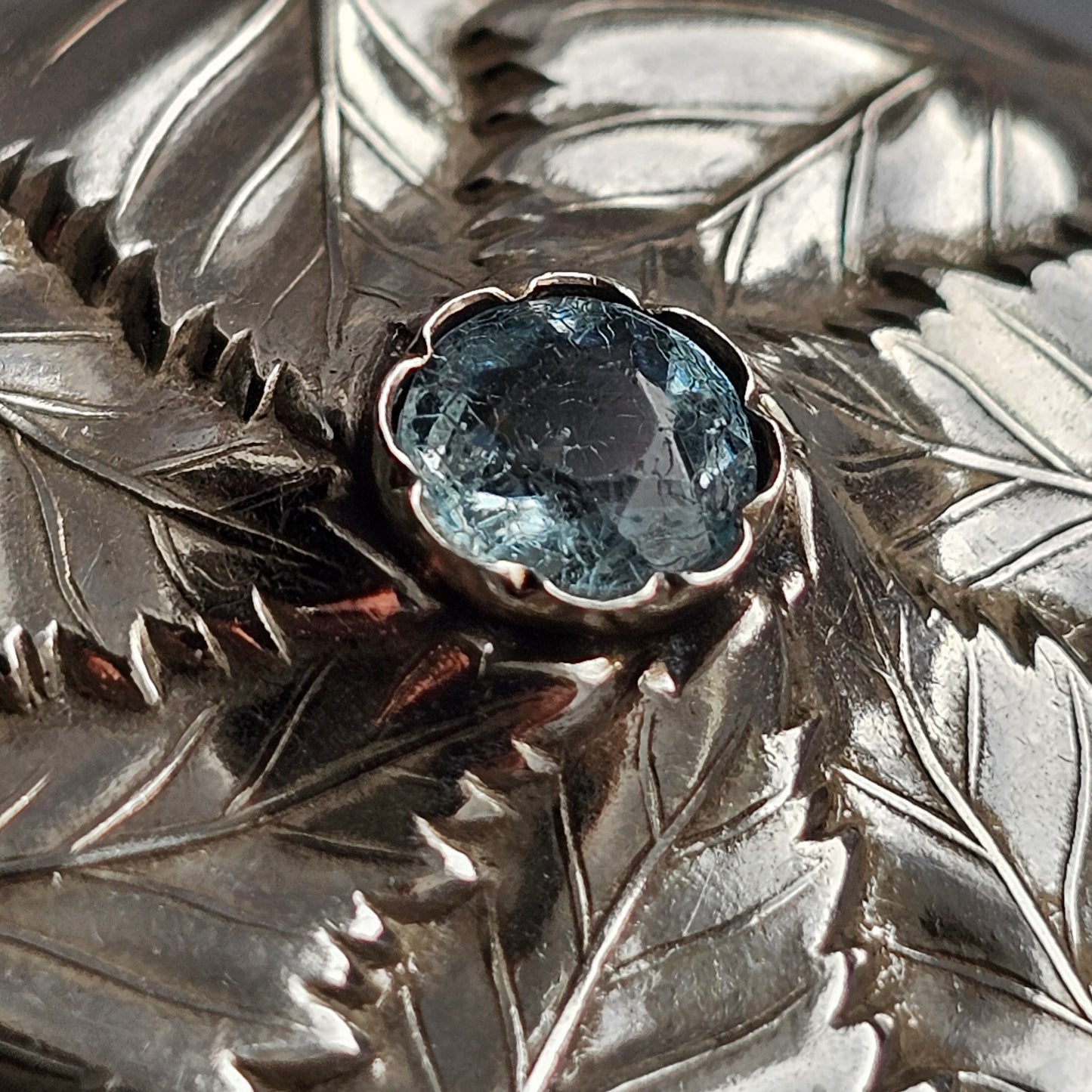 1940s Finnish Art Deco Silver & Blue Glass Paste Birch Leaf Brooch 1943
