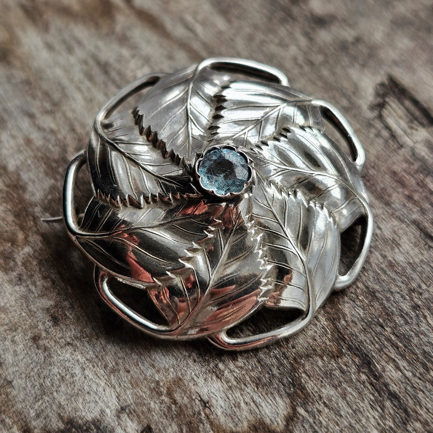 1940s Finnish Art Deco Silver & Blue Glass Paste Birch Leaf Brooch 1943