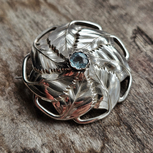 1940s Finnish Art Deco Silver & Blue Glass Paste Birch Leaf Brooch 1943