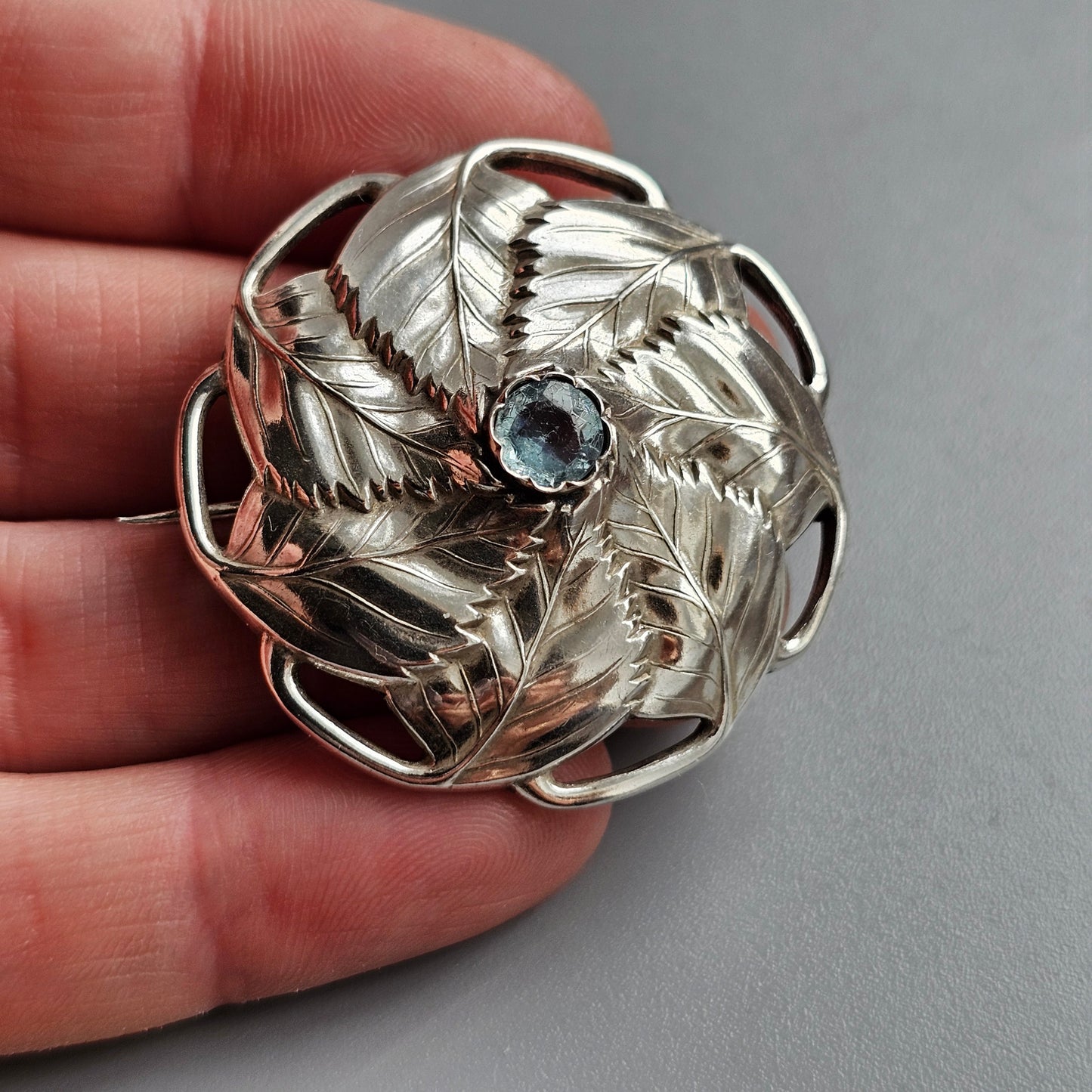 1940s Finnish Art Deco Silver & Blue Glass Paste Birch Leaf Brooch 1943