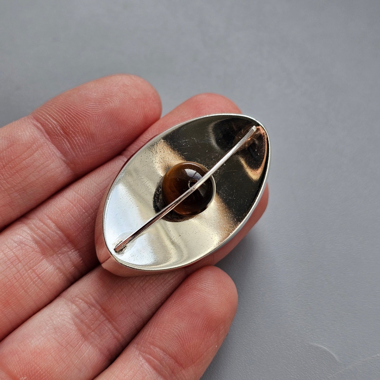 1960s Finnish Modernist Silver & Tiger’s Eye Brooch by Kultaseppä Salovaara 1962