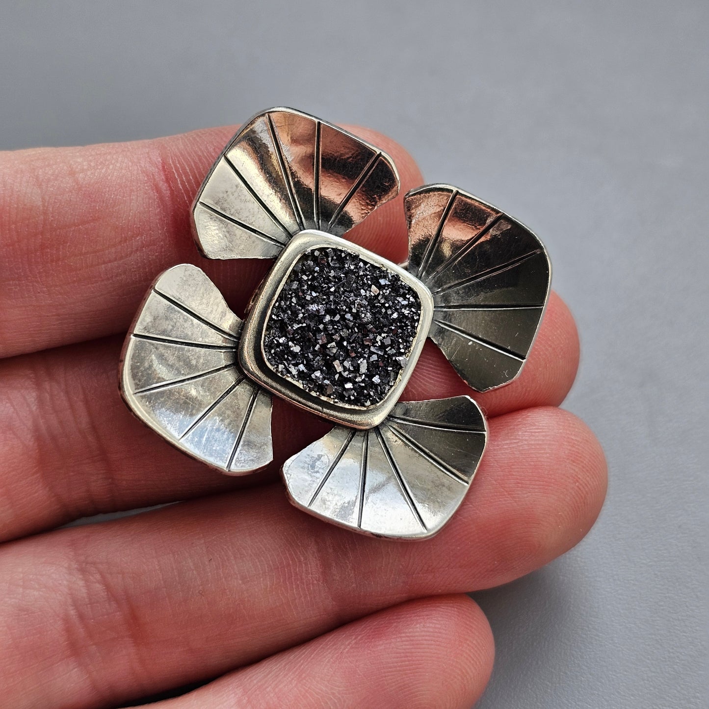 1970s Swedish Modernist Silver & Pyrite Brooch by Victor Janson 1971