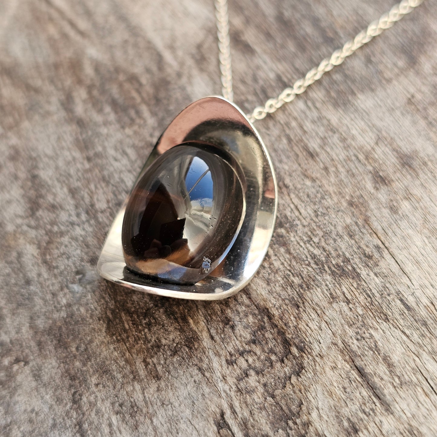 Modernist 60s 70s Finnish Silver Necklace Pendant with Smoky Quartz