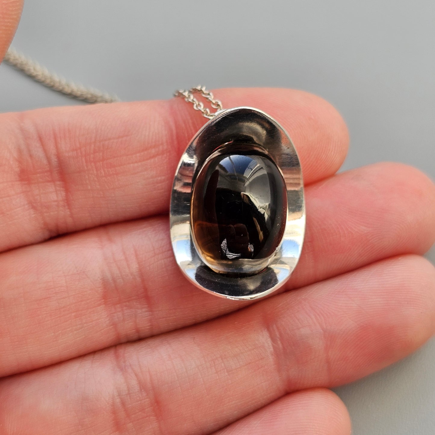 Modernist 60s 70s Finnish Silver Necklace Pendant with Smoky Quartz