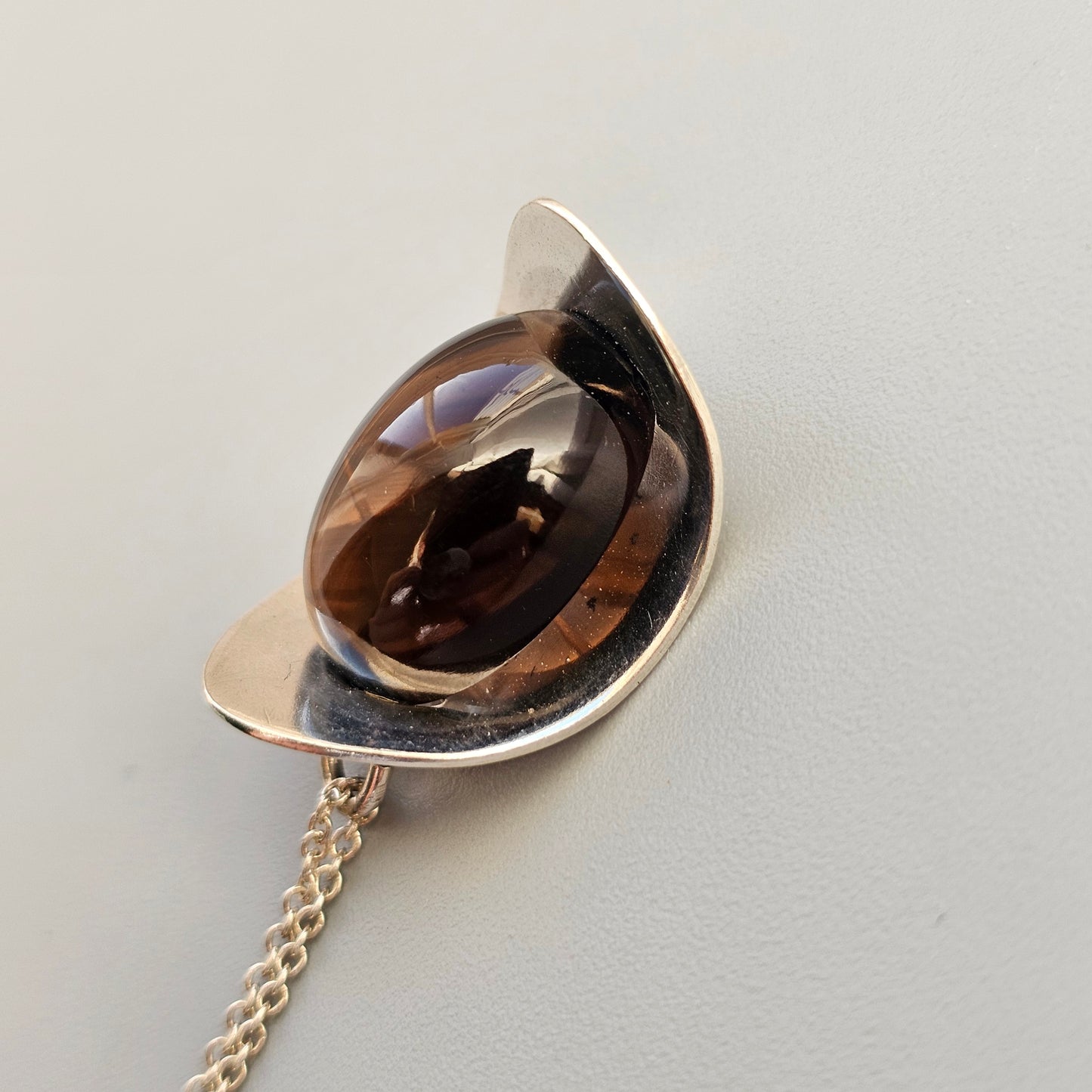 Modernist 60s 70s Finnish Silver Necklace Pendant with Smoky Quartz
