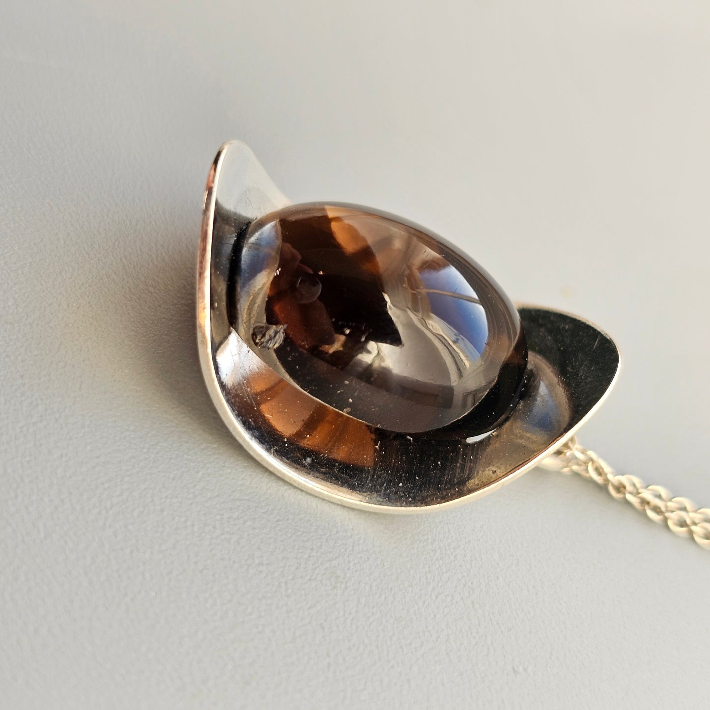 Modernist 60s 70s Finnish Silver Necklace Pendant with Smoky Quartz
