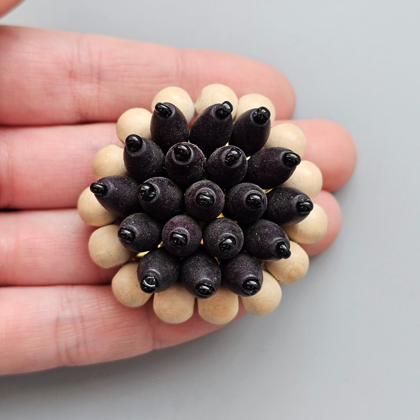 Vintage 1960s Black & White Finnish Wooden Brooch – Modernist Scandinavian Design