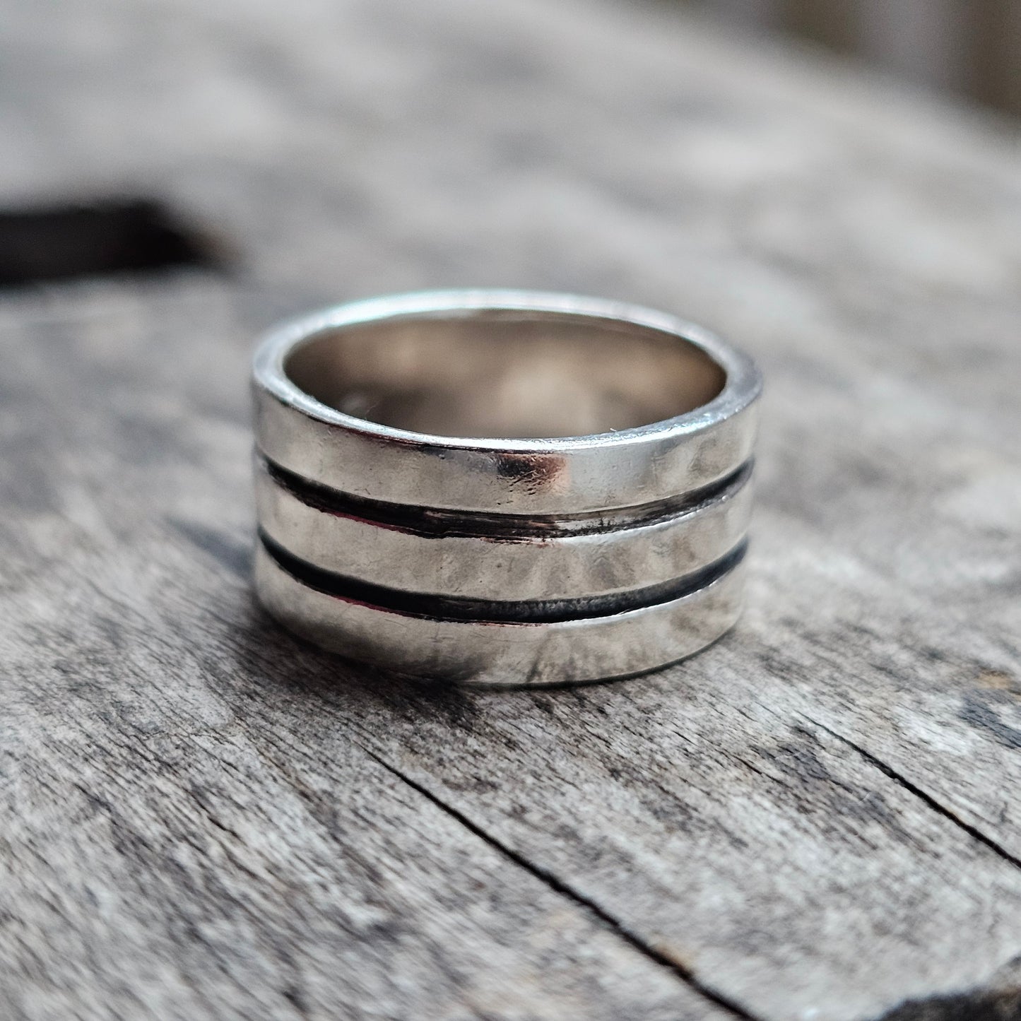 Vintage Finnish Sterling Silver Striped Ring Band - UK Ring Size M 1/2 - US Ring Size 6.25