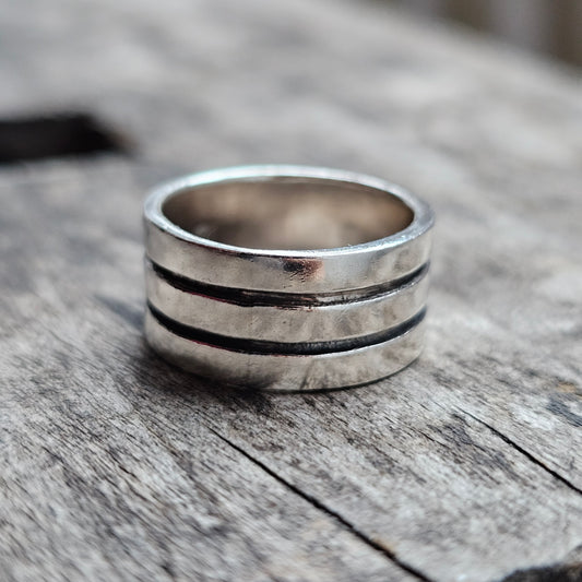 Vintage Finnish Sterling Silver Striped Ring Band - UK Ring Size M 1/2 - US Ring Size 6.25