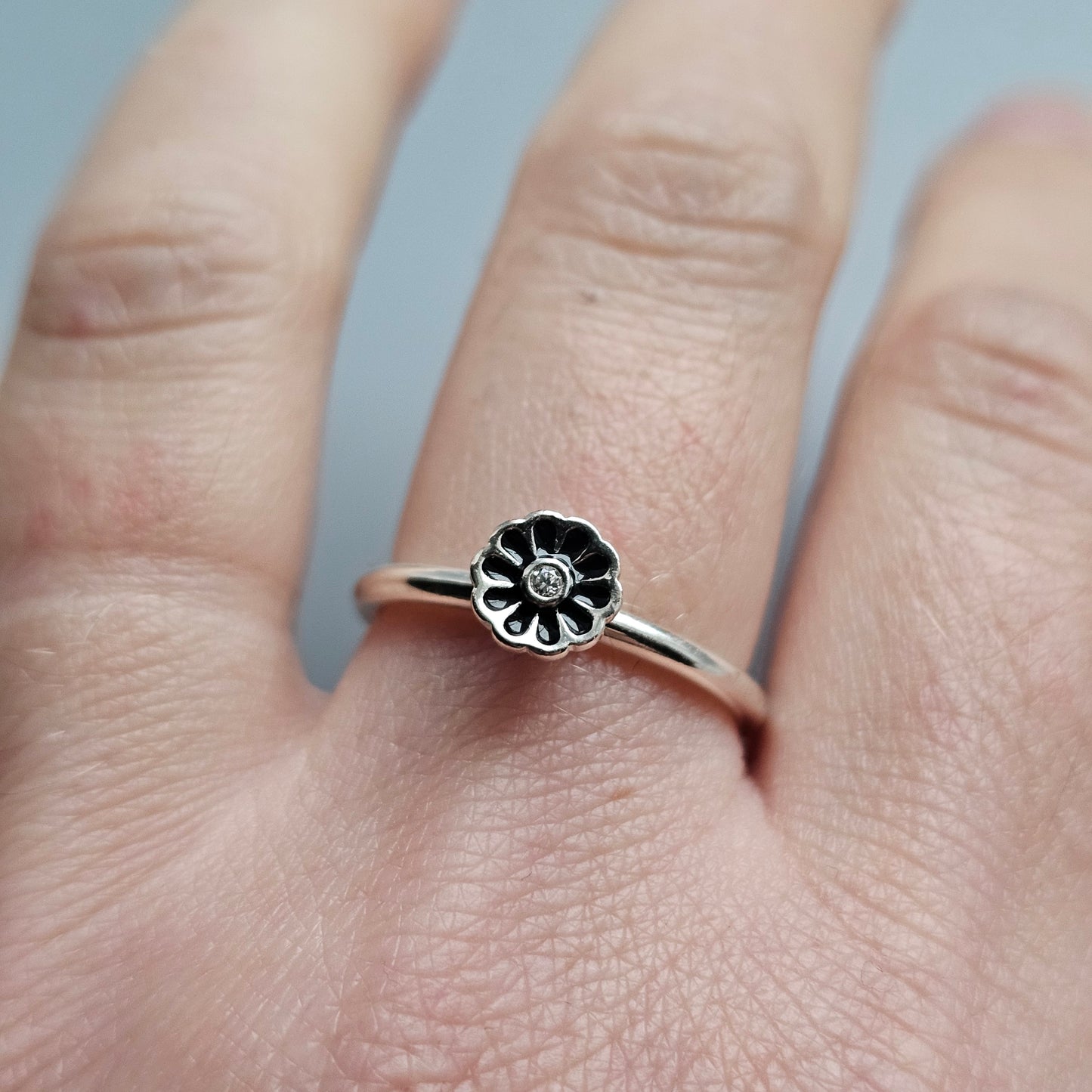 Danish Sterling Silver Black Enamel Daisy Flower Stacking Ring by Spinning – Hans Henrik Nygaard