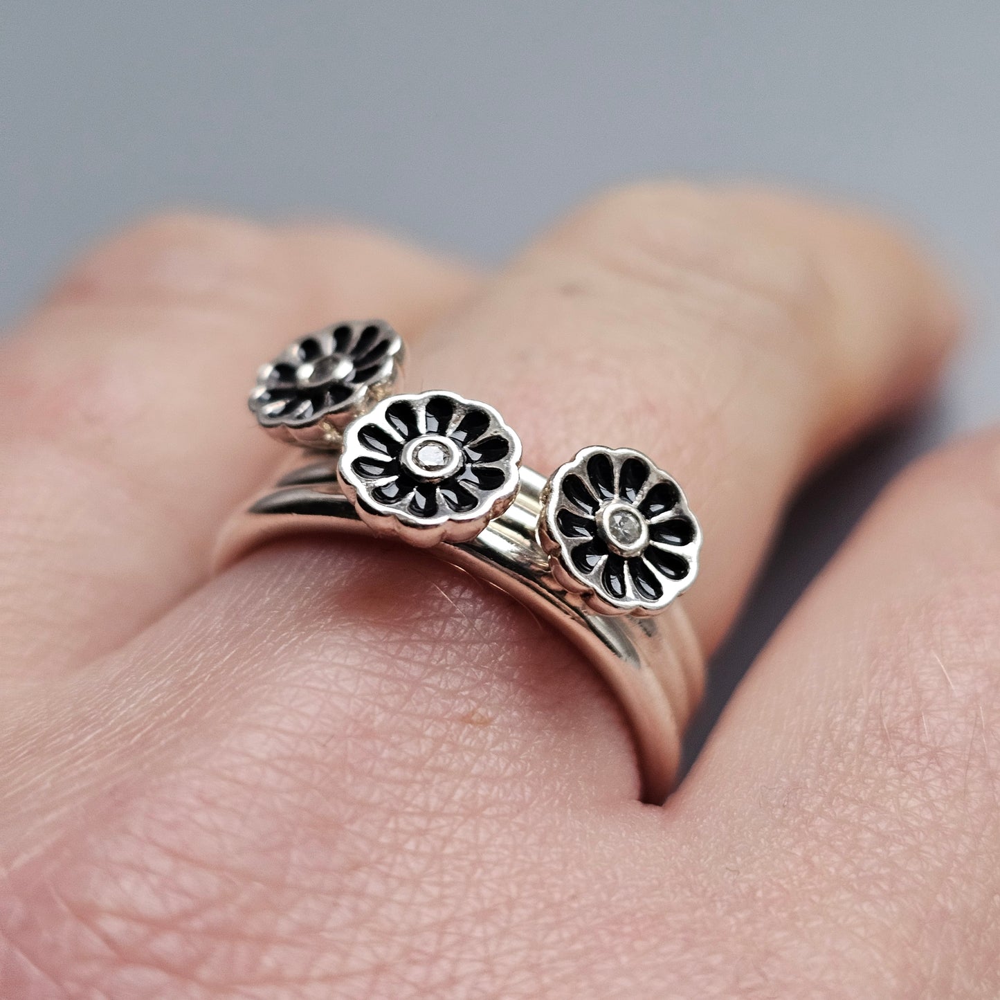 Danish Sterling Silver Black Enamel Daisy Flower Stacking Ring by Spinning – Hans Henrik Nygaard