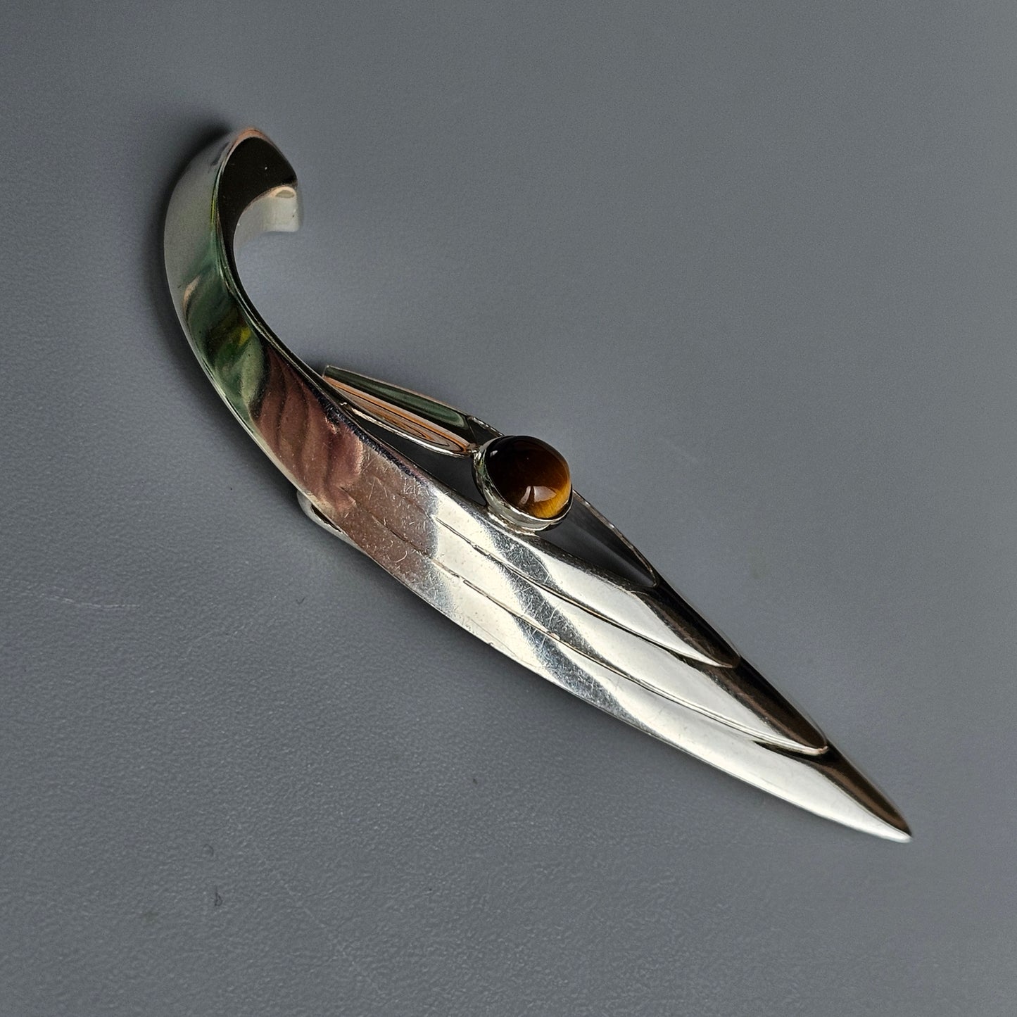 Finnish 1960s Modernist Silver & Tigers Eye Brooch by Turun Hopea