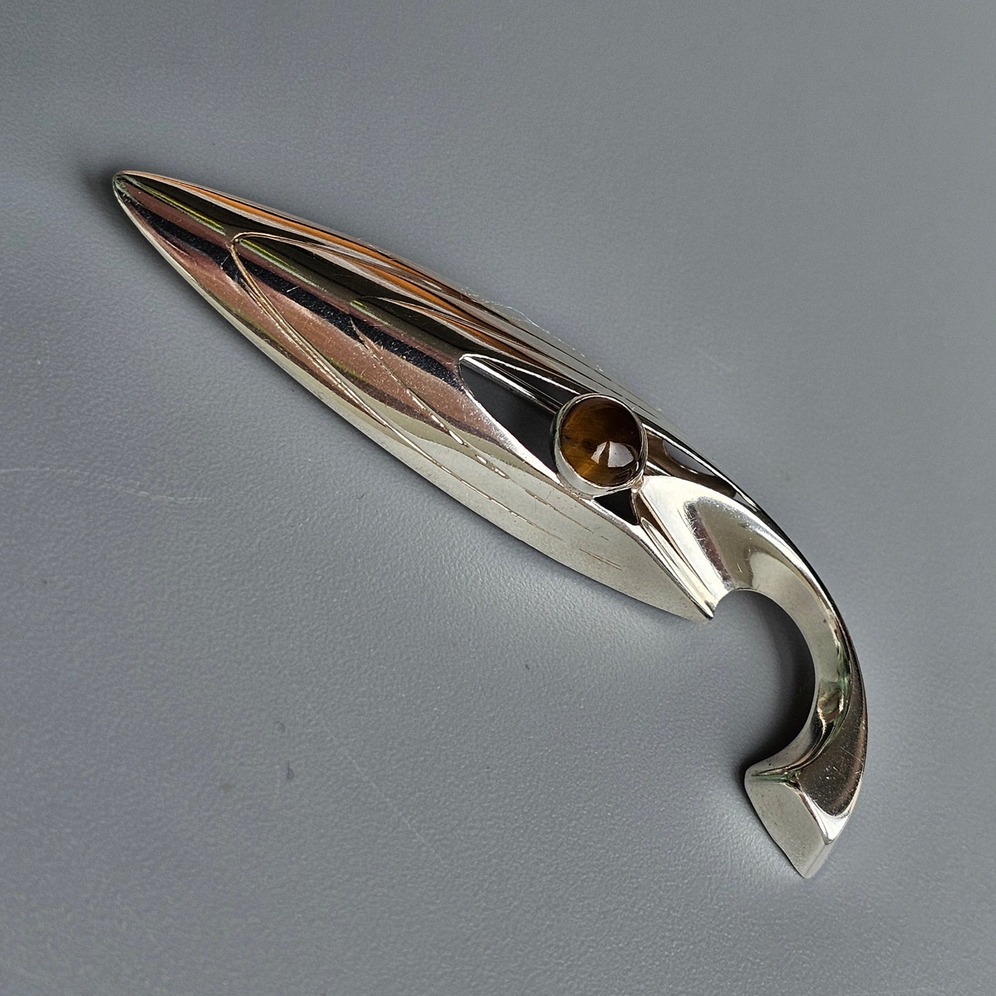 Finnish 1960s Modernist Silver & Tigers Eye Brooch by Turun Hopea