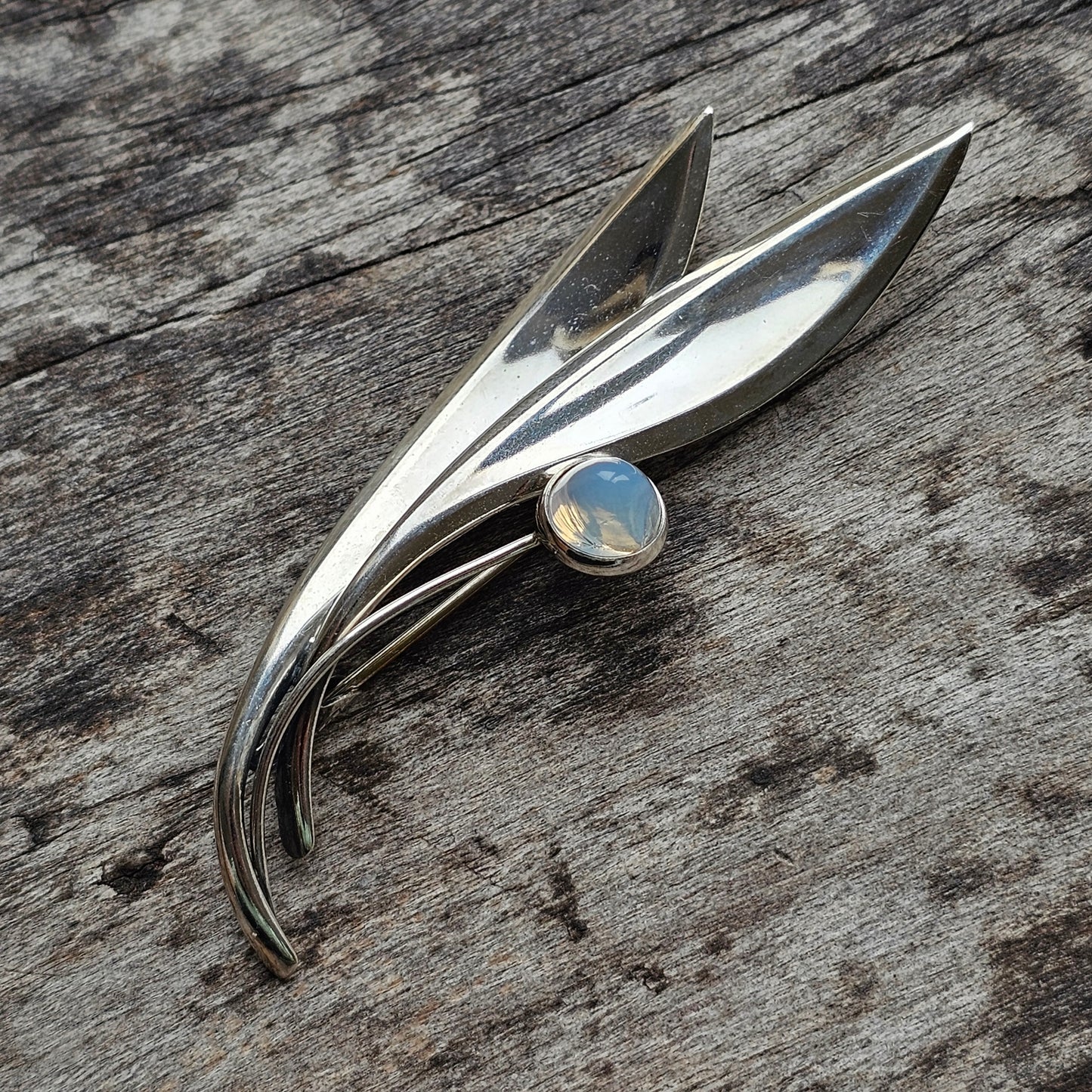 Vintage 60s Modernist Silver Chalcedony Moonstone Flower Brooch Elis Kauppi Kupittaan Kulta 1960