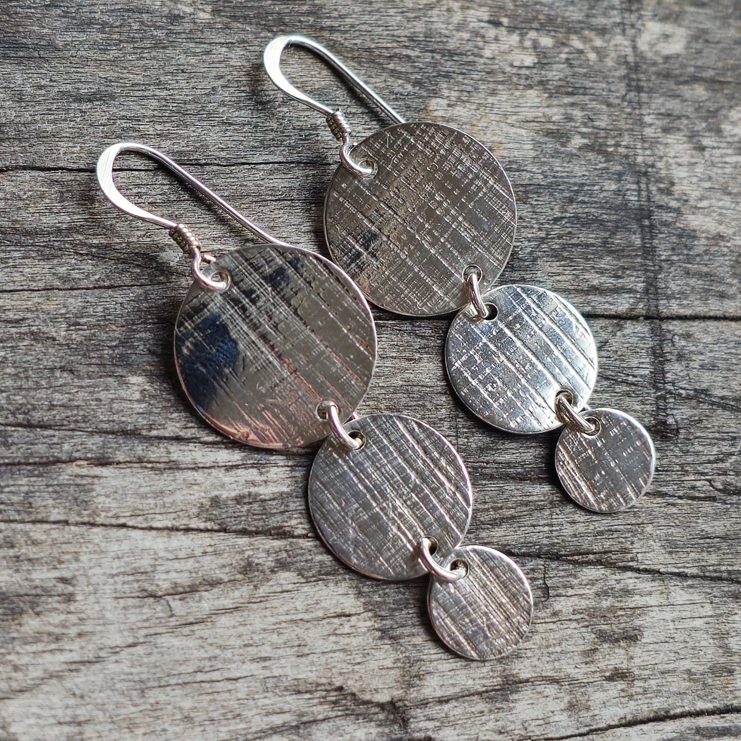 Modern Minimalist Sterling Silver Textured Disc Dangle Earrings