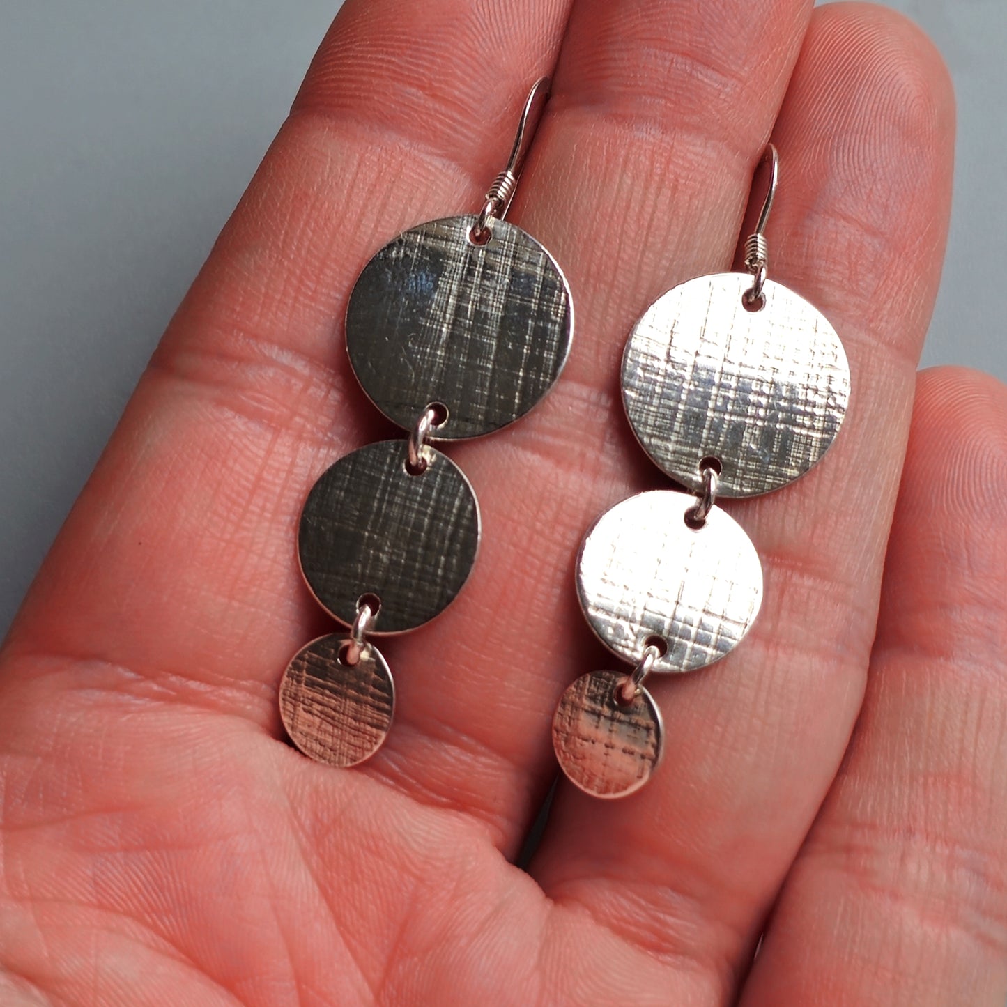 Modern Minimalist Sterling Silver Textured Disc Dangle Earrings