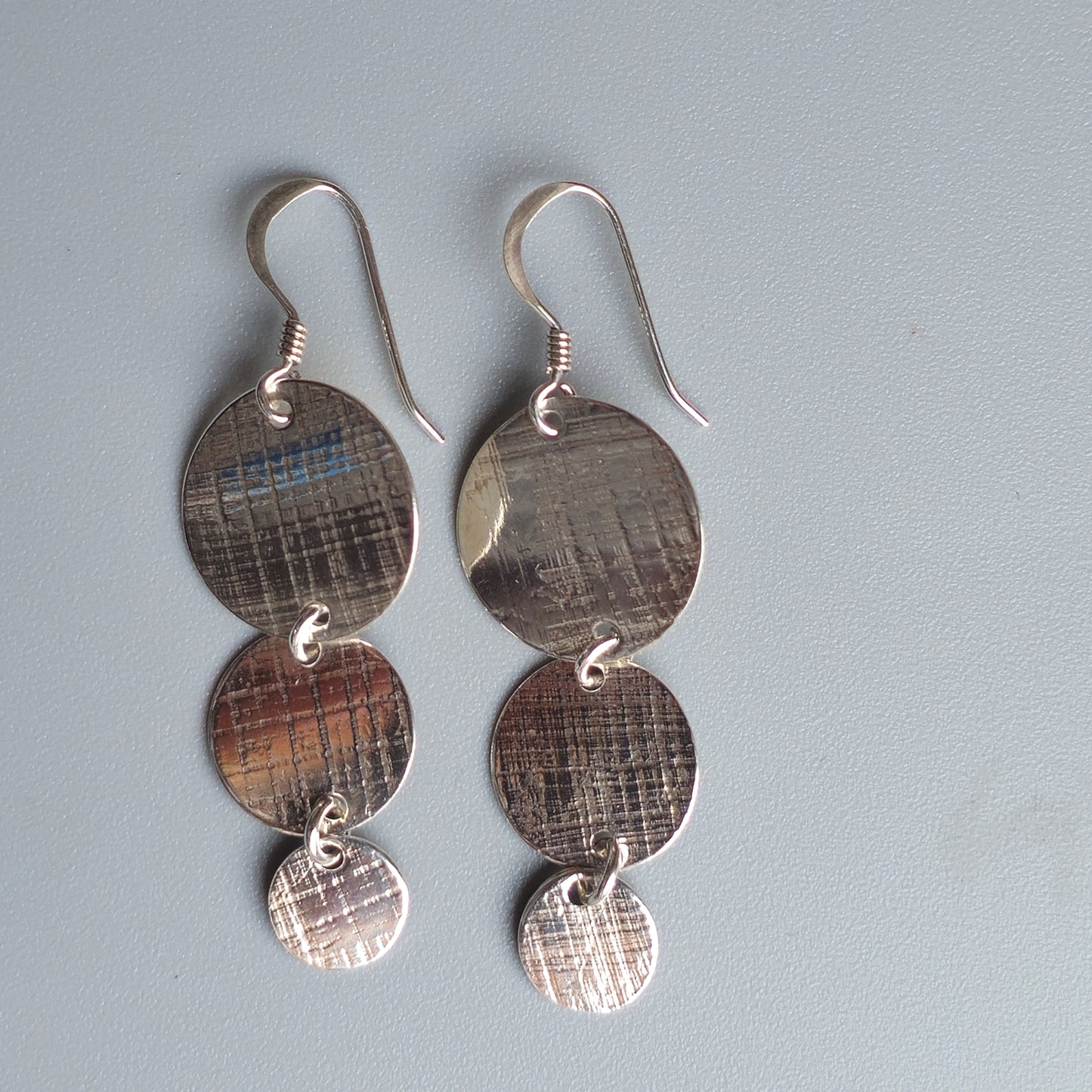 Modern Minimalist Sterling Silver Textured Disc Dangle Earrings