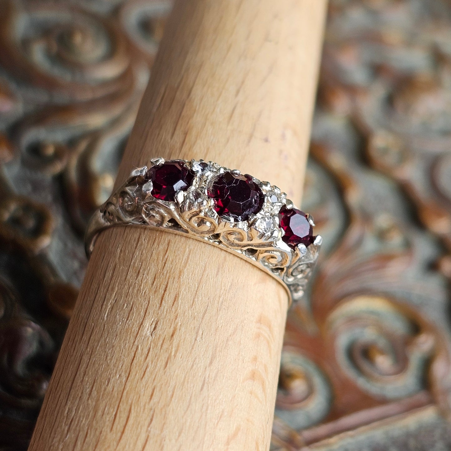 Vintage 1970 Sterling Silver Red Paste & Crystal Ring – Seven-Stone Band - UK Size Q / US Size 8 - Hallmarked 1978