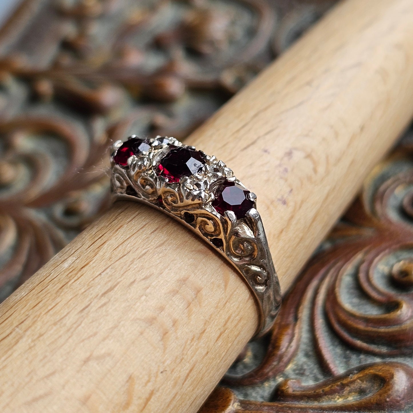 Vintage 1970 Sterling Silver Red Paste & Crystal Ring – Seven-Stone Band - UK Size Q / US Size 8 - Hallmarked 1978