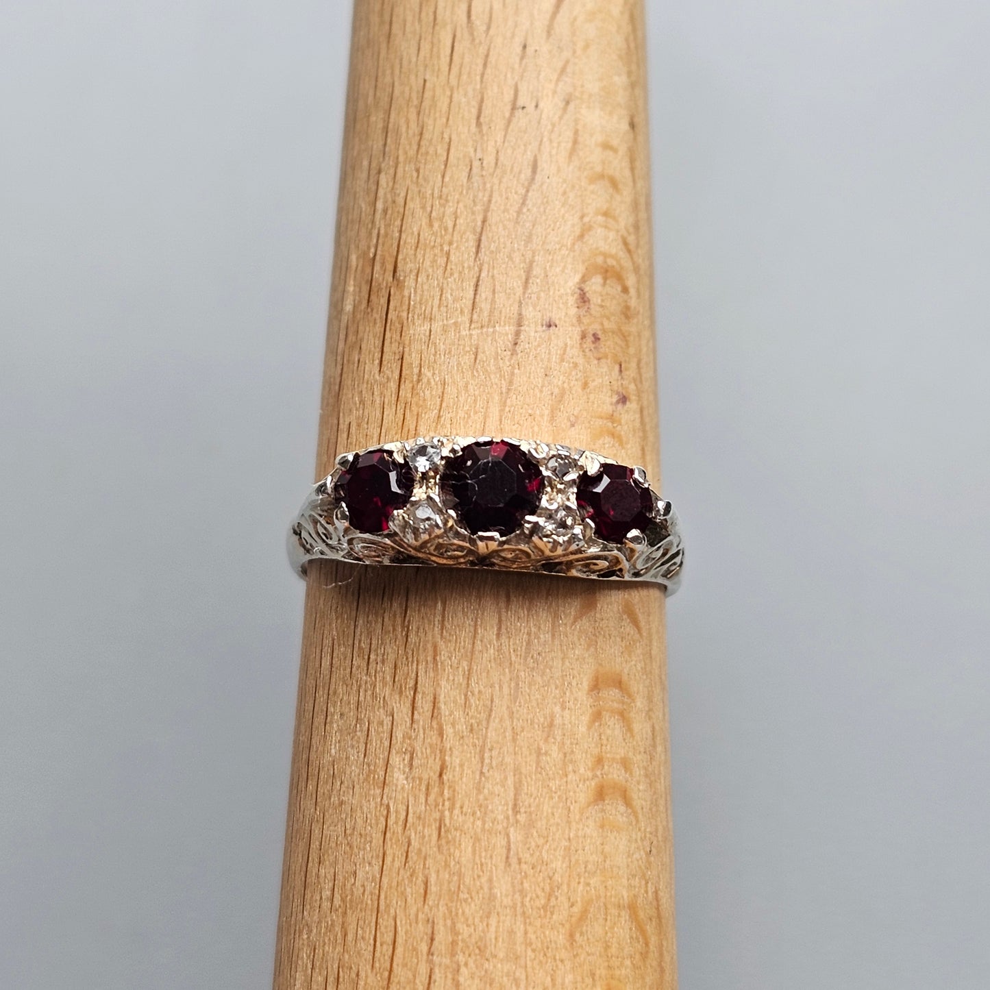 Vintage 1970 Sterling Silver Red Paste & Crystal Ring – Seven-Stone Band - UK Size Q / US Size 8 - Hallmarked 1978