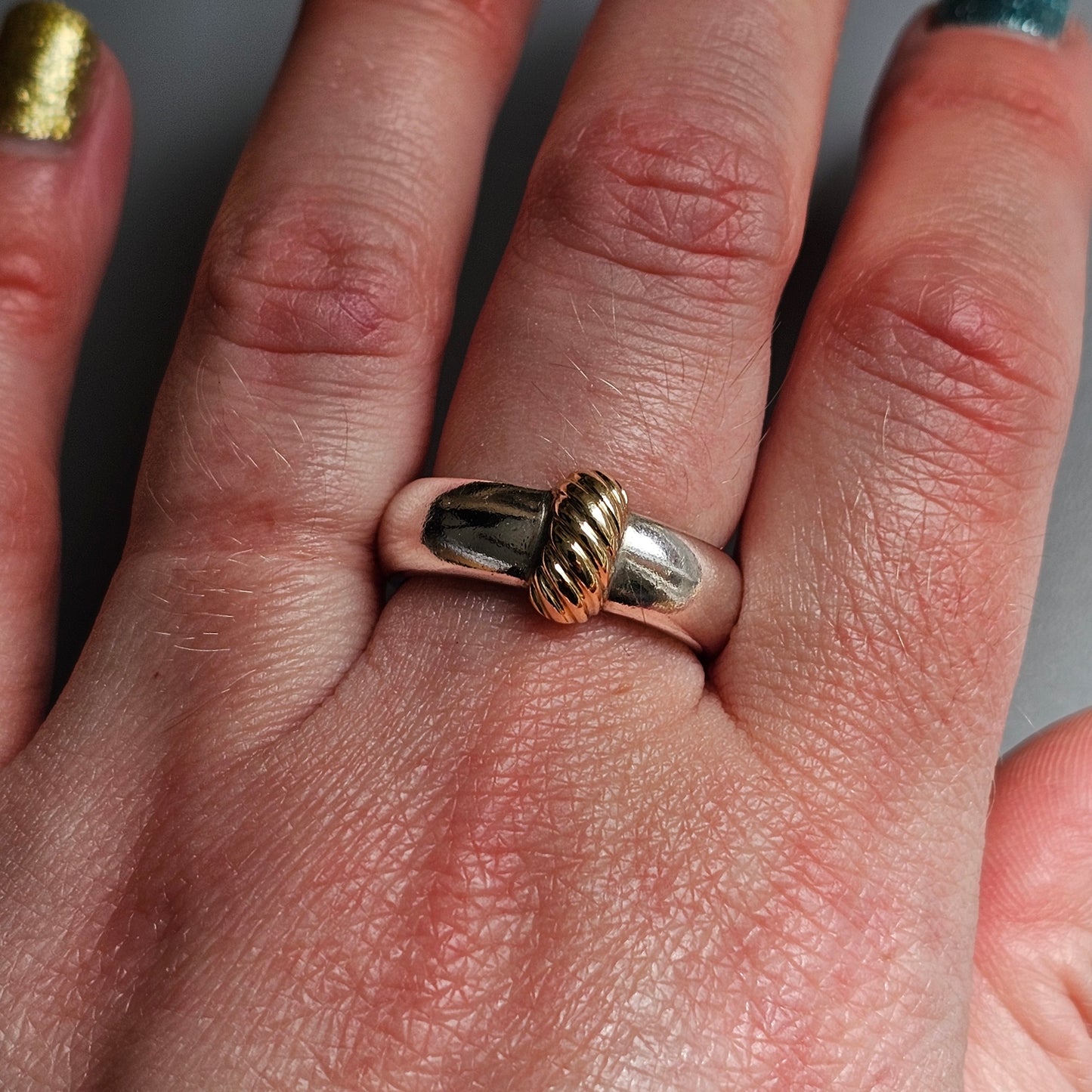 1990s Sterling Silver & 14ct Gold Modernist Style Ring Band - Hallmarked 1997