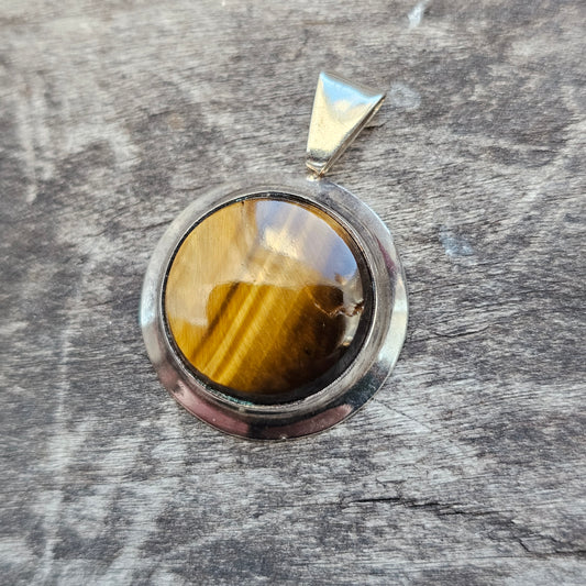 Vintage 60s 70s Modernist Finnish Silver & Tigers Eye Necklace Pendant