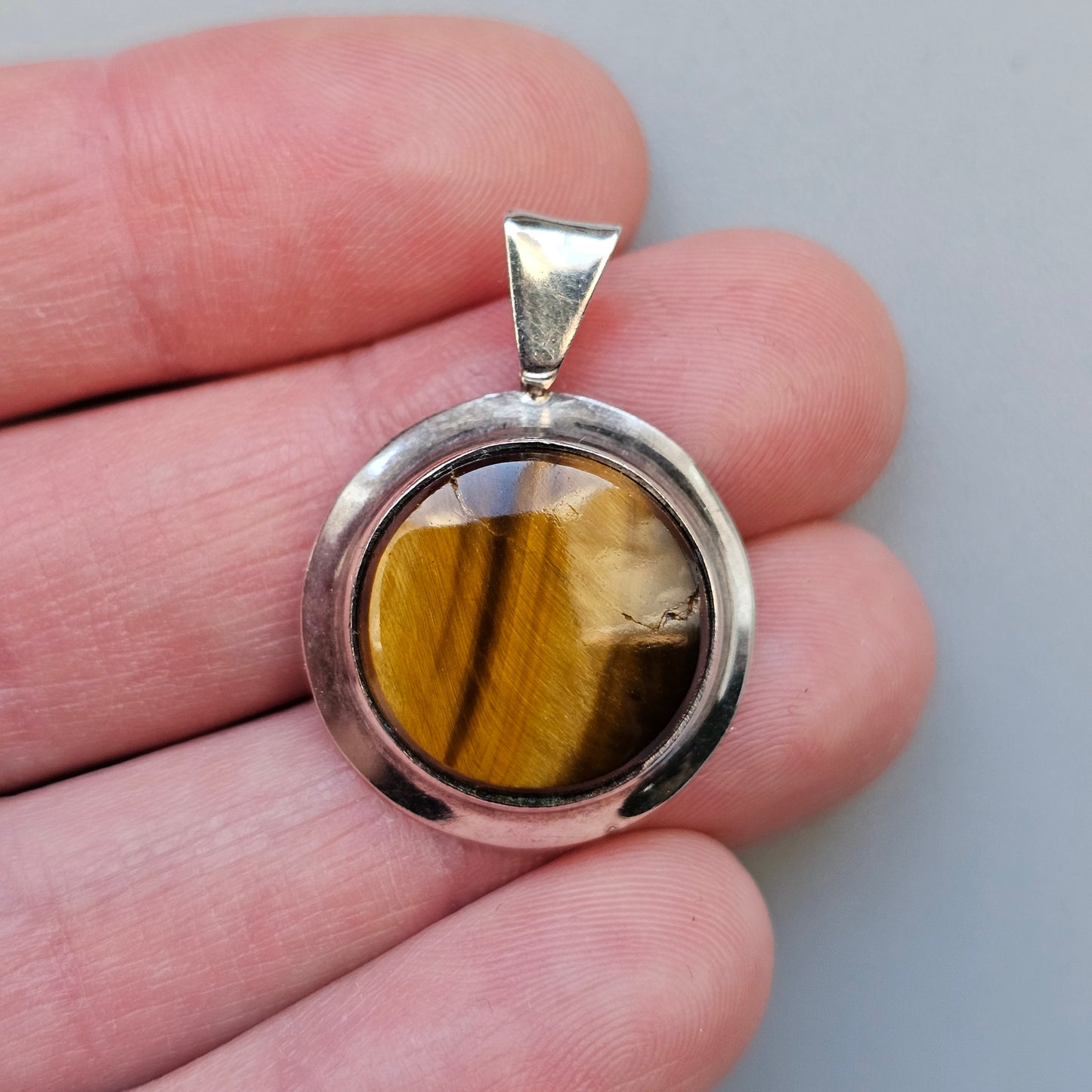 Vintage 60s 70s Modernist Finnish Silver & Tigers Eye Necklace Pendant
