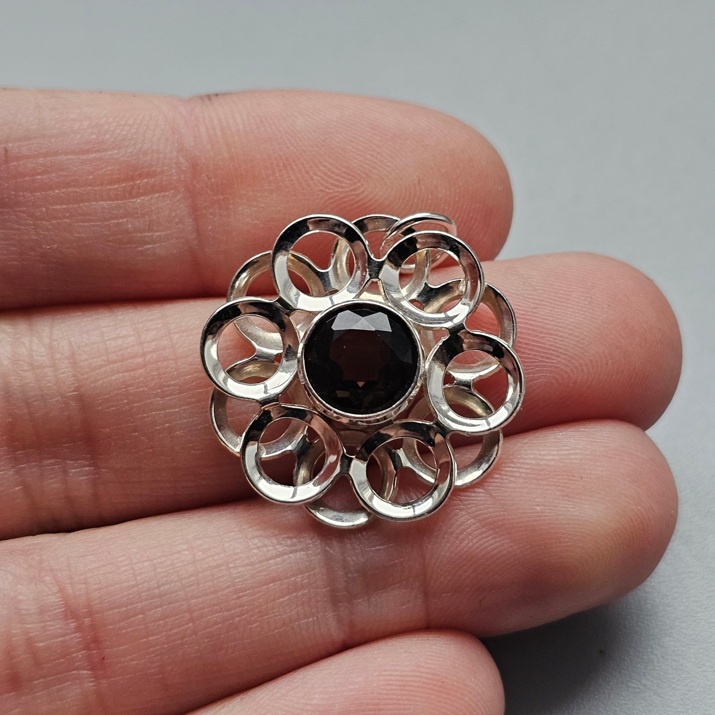 Vintage Modernist Silver & Smoky Quartz Flower Necklace Pendant by Kultaseppä Salovaara