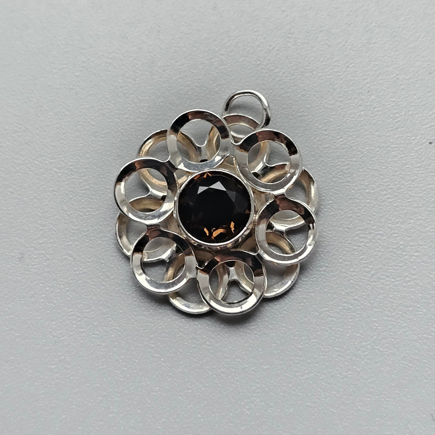 Vintage Modernist Silver & Smoky Quartz Flower Necklace Pendant by Kultaseppä Salovaara