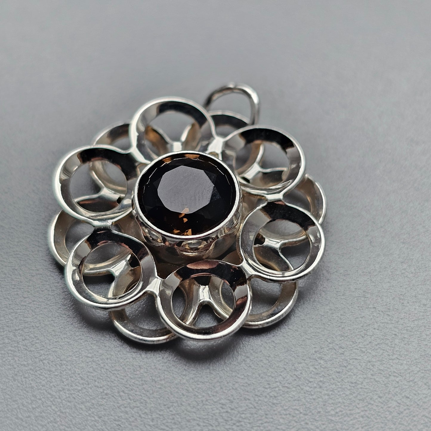 Vintage Modernist Silver & Smoky Quartz Flower Necklace Pendant by Kultaseppä Salovaara