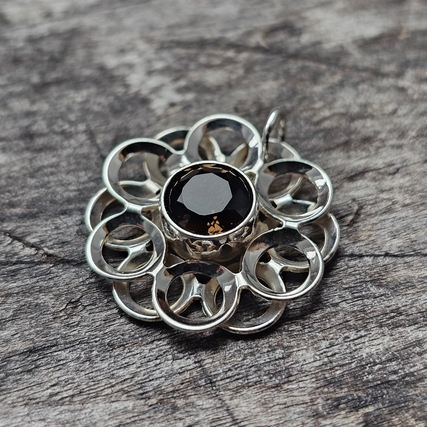 Vintage Modernist Silver & Smoky Quartz Flower Necklace Pendant by Kultaseppä Salovaara