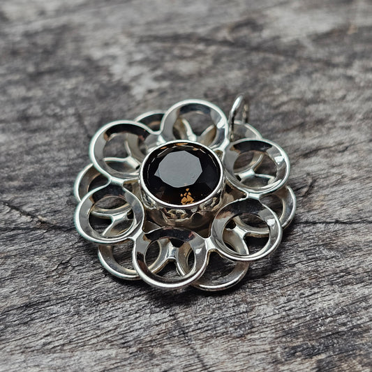 Vintage Modernist Silver & Smoky Quartz Flower Necklace Pendant by Kultaseppä Salovaara