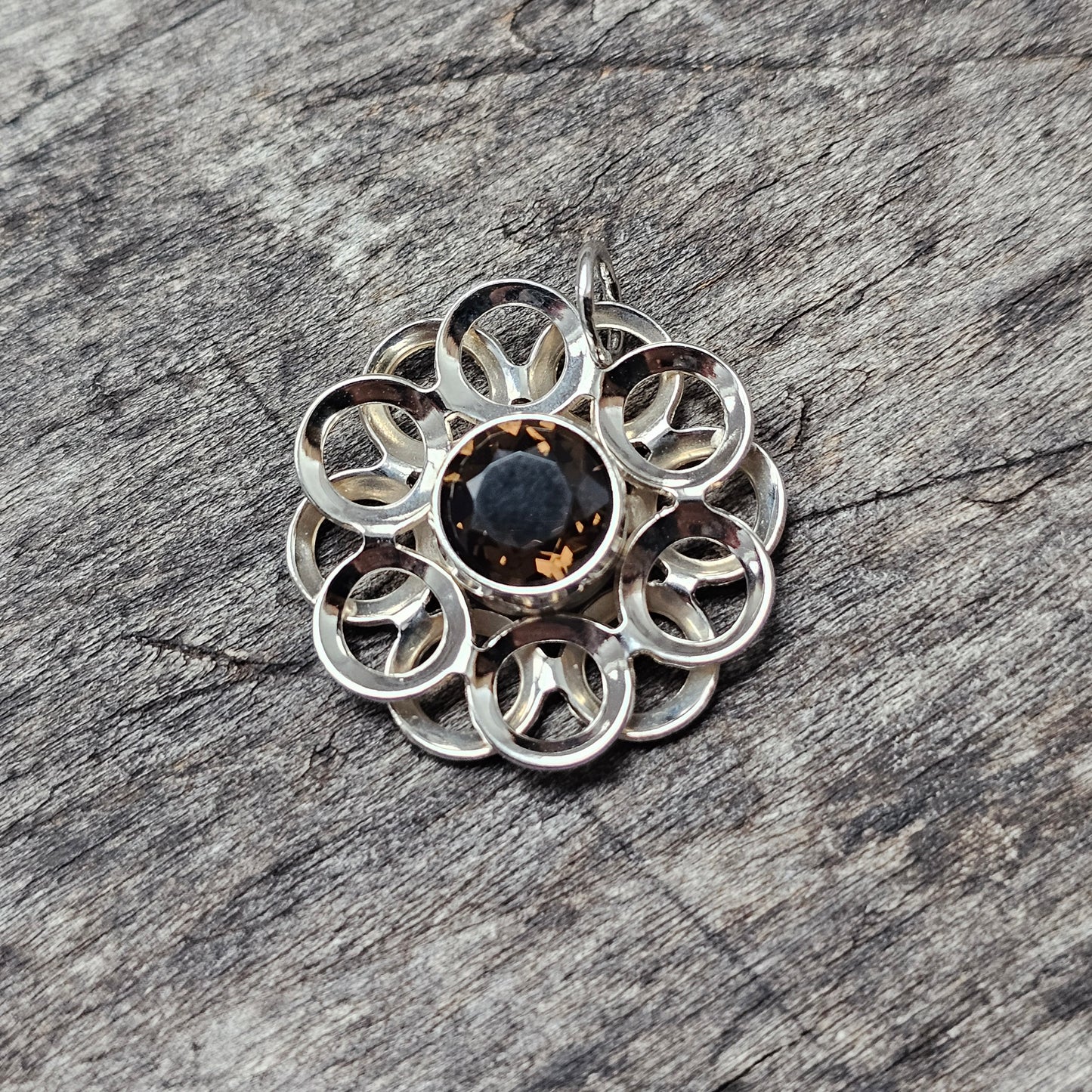 Vintage Modernist Silver & Smoky Quartz Flower Necklace Pendant by Kultaseppä Salovaara