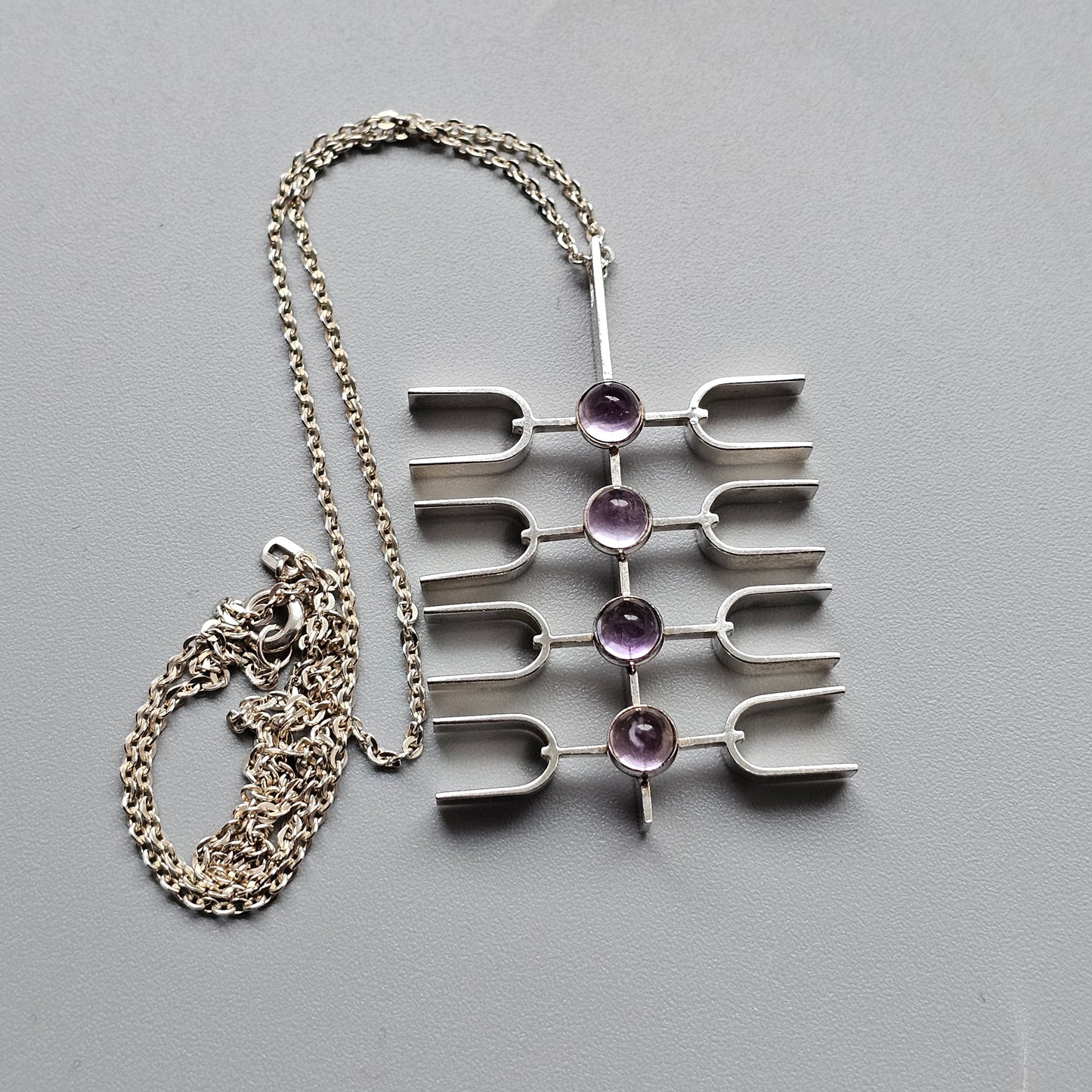 Modernist 1960s Silver & Amethyst Necklace Pendant by Kultaseppä Salovaara 1966