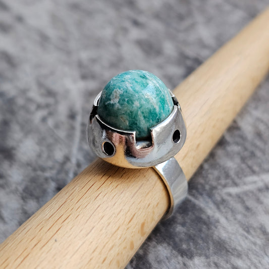 1960s Finnish Modernist Silver & Amazonite Ring — Martti Viikinniemi - UK Ring Size N 1/2 -  US Ring Size 7 - 1966