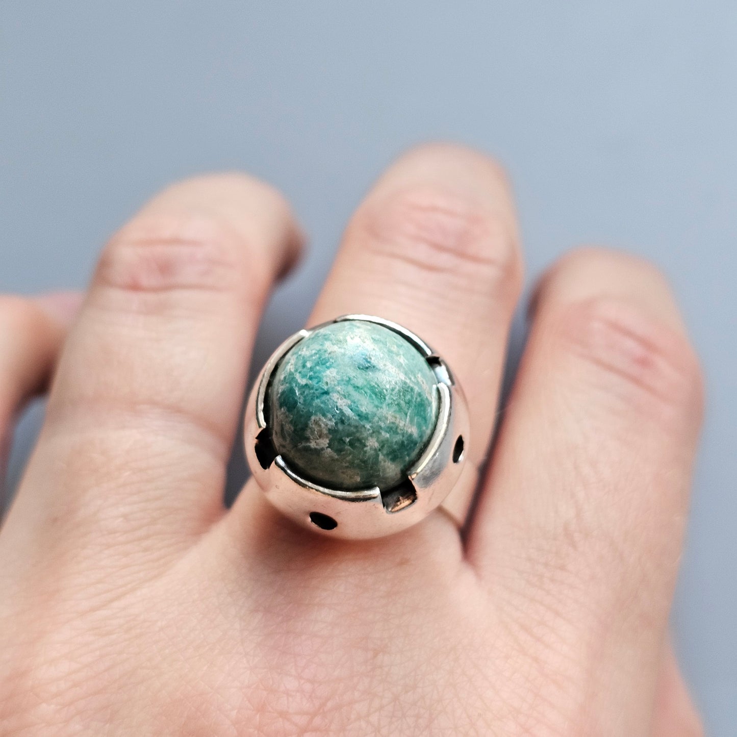 1960s Finnish Modernist Silver & Amazonite Ring — Martti Viikinniemi - UK Ring Size N 1/2 -  US Ring Size 7 - 1966