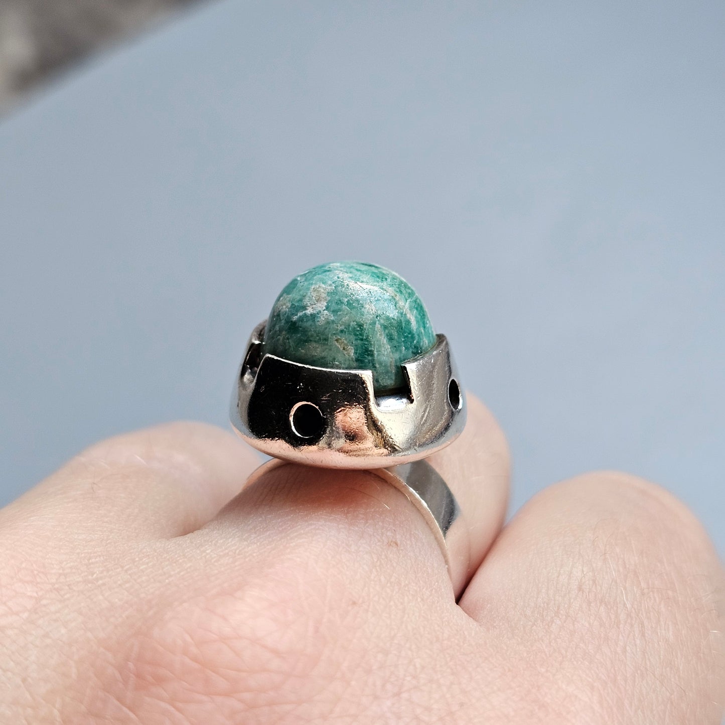 1960s Finnish Modernist Silver & Amazonite Ring — Martti Viikinniemi - UK Ring Size N 1/2 -  US Ring Size 7 - 1966